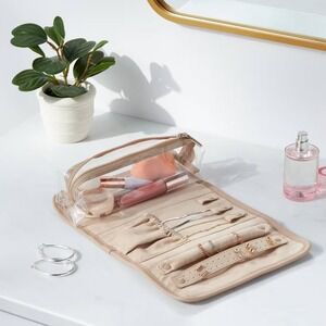 Brightroom Travel Accessory Organizer Jewelry Roll Tan Faux Leather NWT